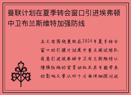 曼联计划在夏季转会窗口引进埃弗顿中卫布兰斯维特加强防线 曼联计划在夏季转会窗口引进埃弗顿中卫布兰斯维特加强防线